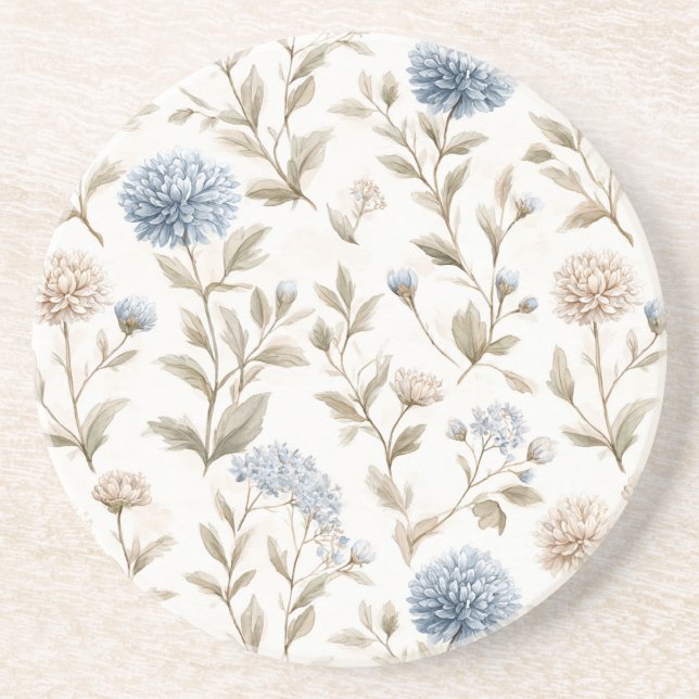 Dessous De Verre En Grès Jolies Fleurs Bleues Crème (Devant)