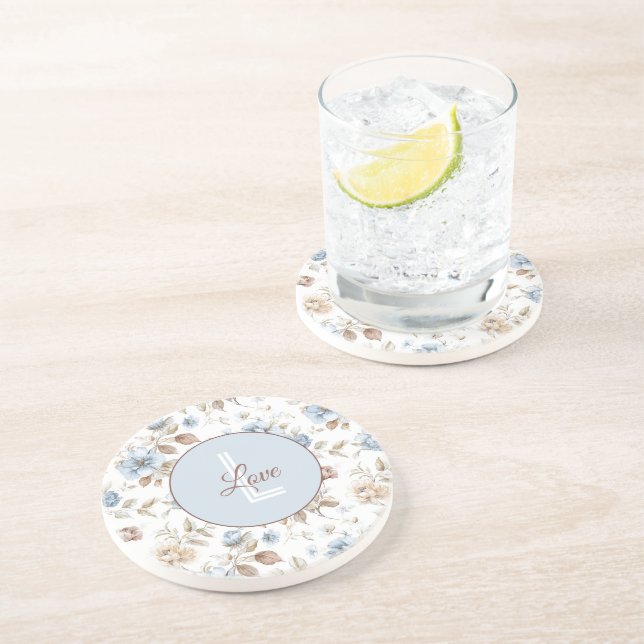 Dessous De Verre En Grès Jolies fleurs bleues crème marron (Côté)