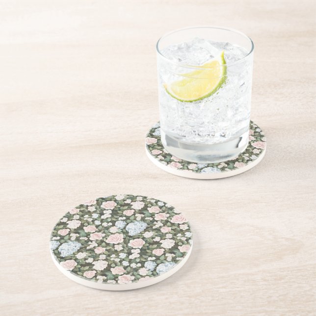 Dessous De Verre En Grès Jolies Fleurs Bleues Roses (Côté)