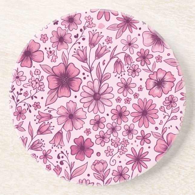 Dessous De Verre En Grès Jolies Fleurs Sauvages Roses Florales (Devant)