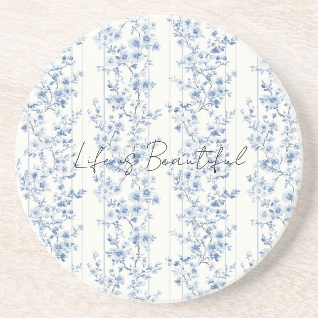 Dessous De Verre En Grès Jolies rayures florales bleues blanches (Devant)