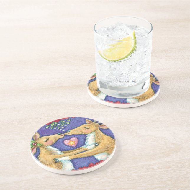 Dessous De Verre En Grès Jolis rennes de Noël, baiser romantique avec gui (Côté)