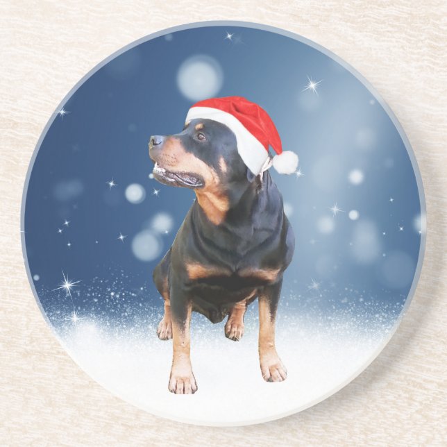 Dessous De Verre En Grès Jote Rottweiler Chien Noël Santa Hat Étoiles de ne (Devant)