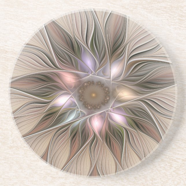 Dessous De Verre En Grès Joyeuse Fleur Abstrait Beige Brown Floral Fractal (Devant)