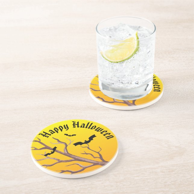 Dessous De Verre En Grès Joyeuses chauves-souris d'Halloween et la lune (Côté)