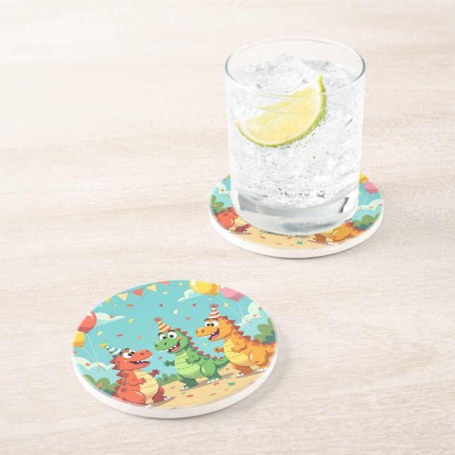 Dessous De Verre En Grès Joyeux anniversaire thème dinosaures (Côté)