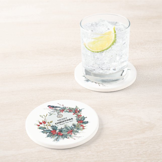 Dessous De Verre En Grès Joyeux Noël-Baies Rouges & Bouvreuil (Côté)