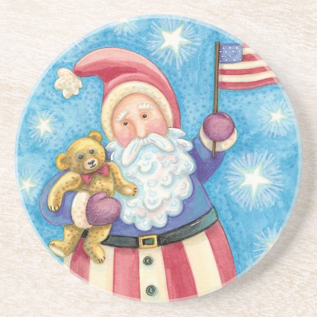 Dessous De Verre En Grès Joyeux Noël, Père Noël patriotique avec drapeau (Devant)