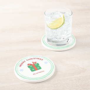 Dessous De Verre En Grès Joyeux Noël rouge boîte cadeau de texte en blanc