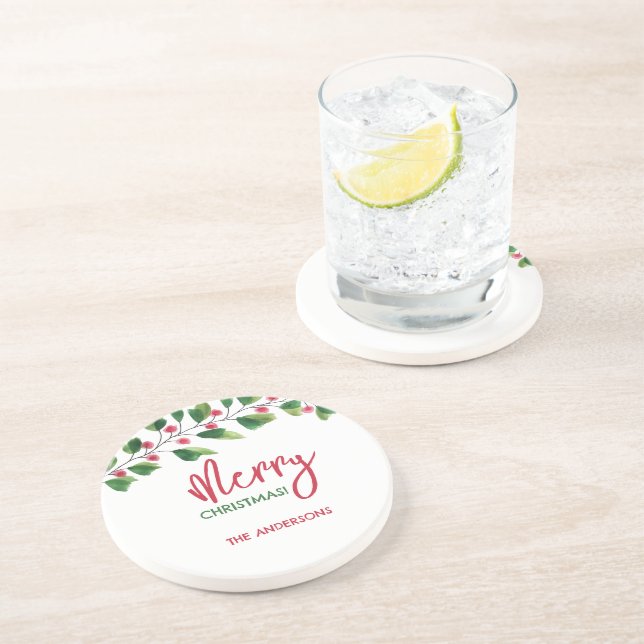 Dessous De Verre En Grès Joyeux Noël Rouge Et Vert Aquarelle Wreath (Côté)