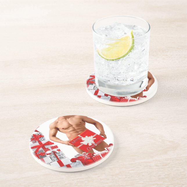 Dessous De Verre En Grès Joyeux Noël SlipperyJoe rouge blanc argent cadeau (Côté)