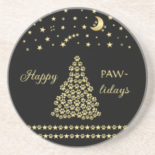 Dessous De Verre En Grès Joyeux Pawlidays, Or brillant Paw sapin de Noël