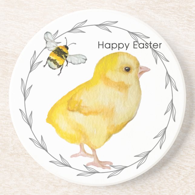 Dessous De Verre En Grès Joyeux poulet de Pâques et fleurs de printemps (Devant)
