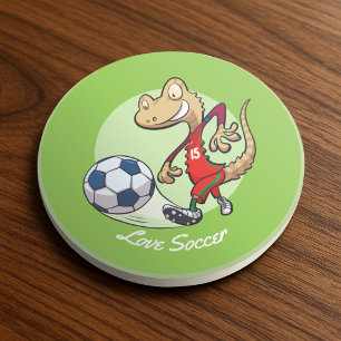 Dessous De Verre En Grès Joyeux Soccer Star Gecko Kicking Football Cartoon
