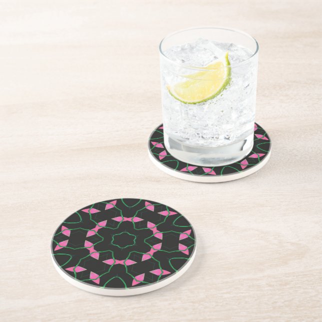 Dessous De Verre En Grès Kaleidoscope Émeraude et Rose (Côté)