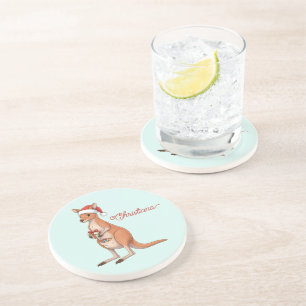 Dessous De Verre En Grès Kangourou Personnalisé Avec Chapeau De Père Noël N