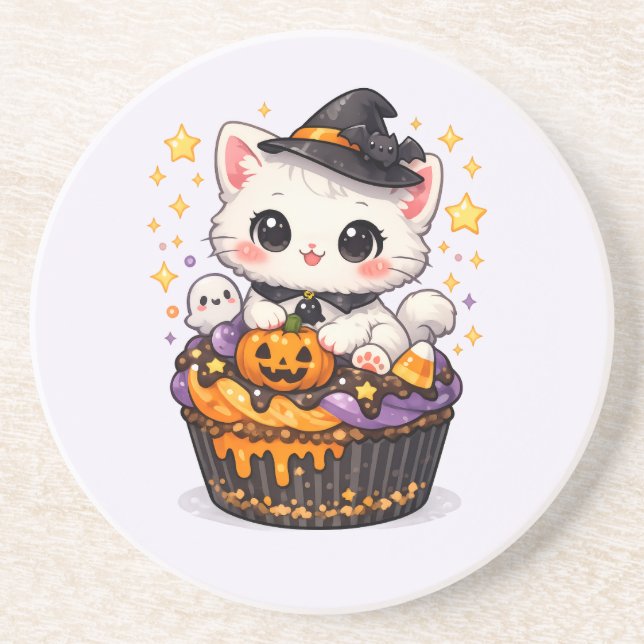 Dessous De Verre En Grès Kawaii Cupcake Sorcière Kitty  (Devant)