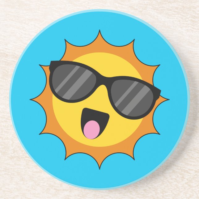 Dessous De Verre En Grès Kawaii Joyeux soleil avec lunettes de soleil (Devant)