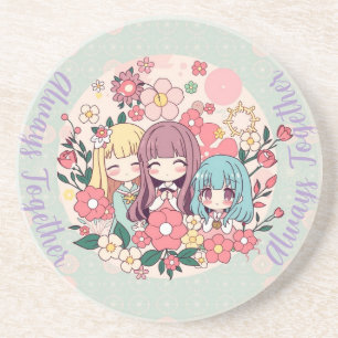 Dessous De Verre En Grès Kawaii Trio - Mignonnes Filles Anime & Vibes Flora