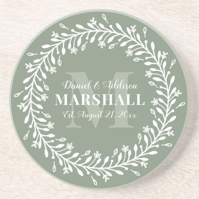 Dessous De Verre En Grès Keepsake Newlywed Couple Green Wreath Monogram (Devant)