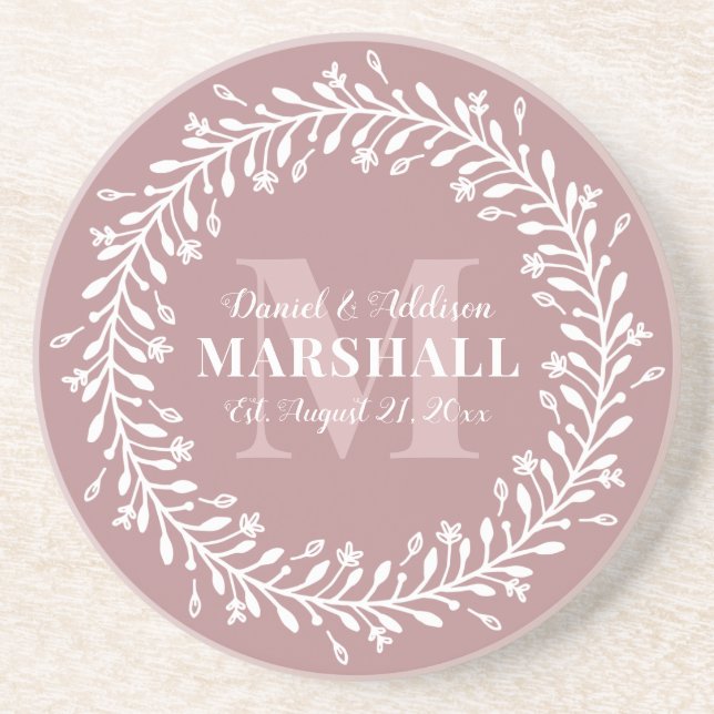 Dessous De Verre En Grès Keepsake Newlywed Couple Pink Wreath Monogram (Devant)