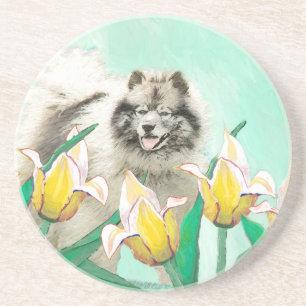 Dessous De Verre En Grès Keeshond in Tulips Painting Cute Original Dog Art
