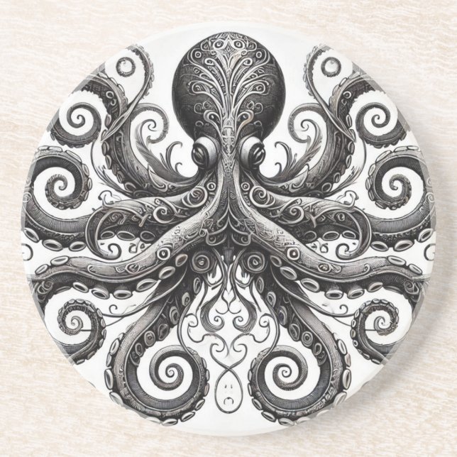 Dessous De Verre En Grès Kraken Steampunk Octopus Ornate Black (Devant)