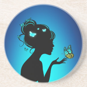 Dessous De Verre En Grès La femme papillons bleues