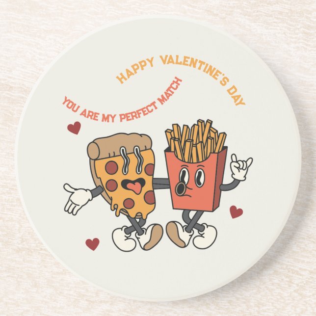 Dessous De Verre En Grès La Saint-Valentin "Pizza et frites Match"  (Devant)