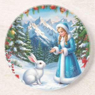 Dessous De Verre En Grès Lapin Blanc et la Fée des Neiges en Forêt hivernal