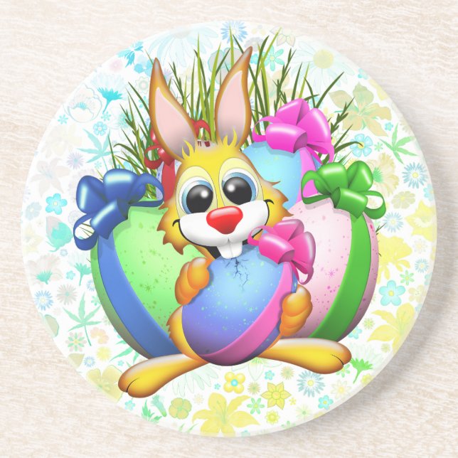 Dessous De Verre En Grès Lapin drôle mordant un œuf de Pâques (Devant)