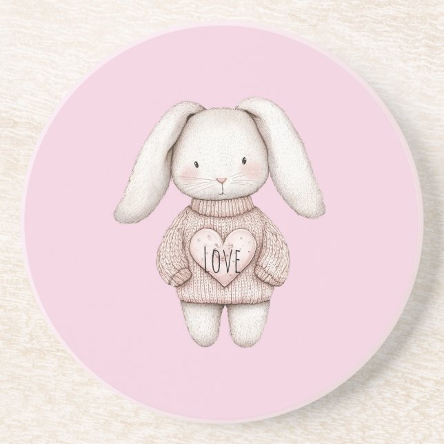 Dessous De Verre En Grès Lapin Mignon Rose Doux Veste Rose Cœur (Devant)