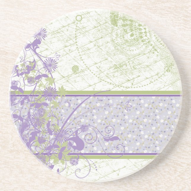 Dessous De Verre En Grès Lavande et remous floraux de vert (Devant)
