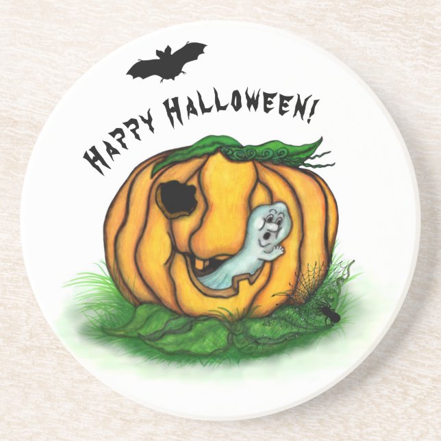 Dessous De Verre En Grès Le fantôme d'Halloween, chauve-souris, fantôme et  (Devant)