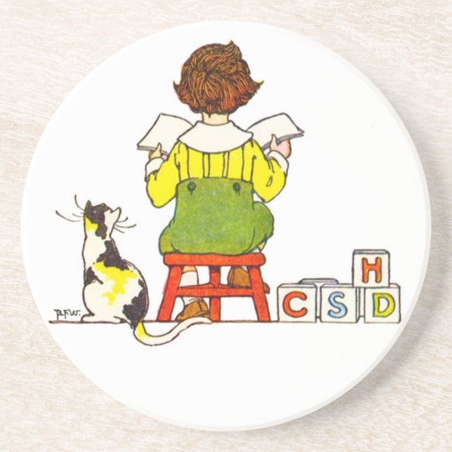 Dessous De Verre En Grès Lecture de garçon avec chat (Devant)