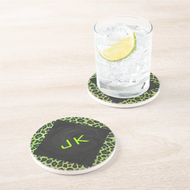 Dessous De Verre En Grès Léopard noir et vert avec Monogramme (Côté)