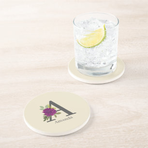 Dessous De Verre En Grès Lettre de monogramme floral Dahlia de Bourgogne