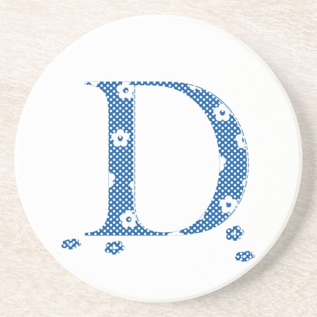 Dessous De Verre En Grès LETTRE FLEURIE D (bleu & points) (Devant)