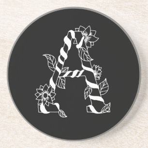 Dessous De Verre En Grès LETTRE NOIRE ET BLANCHE "A" AVEC FLEURS Jumelantes
