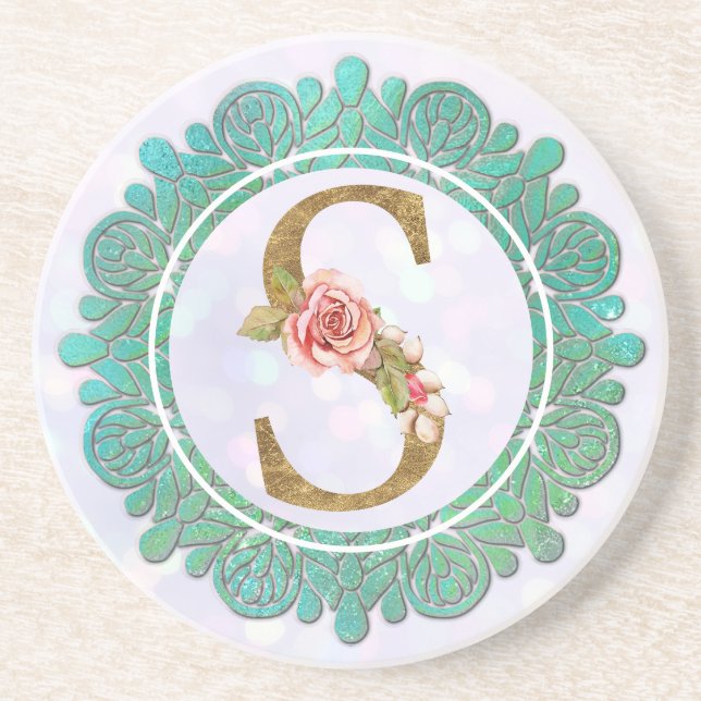 Dessous De Verre En Grès Lettres Initiales Monogramme Élégant avec Mandala (Devant)