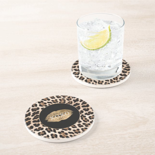 Dessous De Verre En Grès Lèvres dorées imprimé léopard XOXO (Côté)