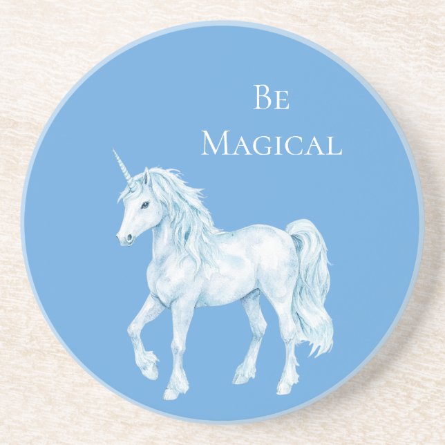 Dessous De Verre En Grès Licorne Magique Blanche Bleu Aqua (Devant)