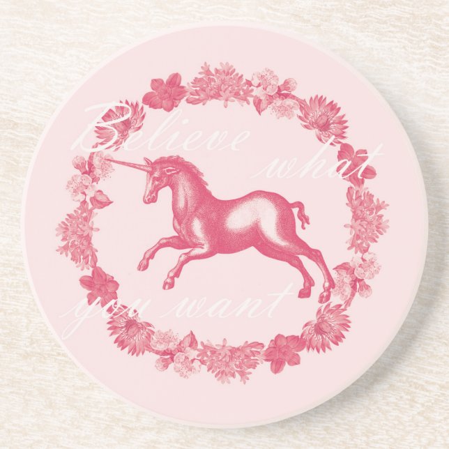 Dessous De Verre En Grès Licorne rose et fleurs (Devant)