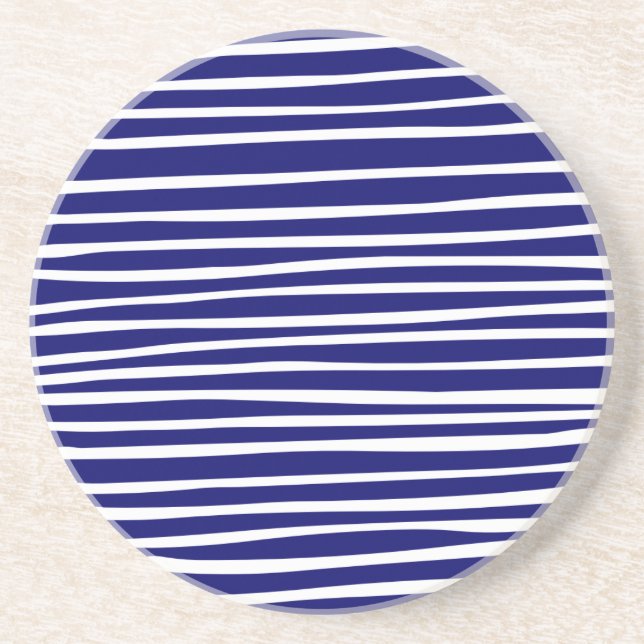 Dessous De Verre En Grès Lignes - Blanc sur Marine profonde (Devant)