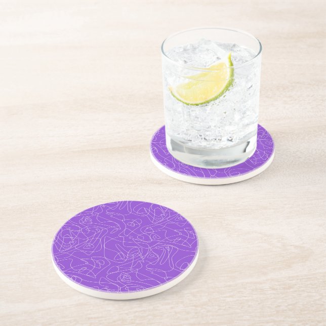 Dessous De Verre En Grès lignes courbes abstraites blanches sur fond violet (Côté)