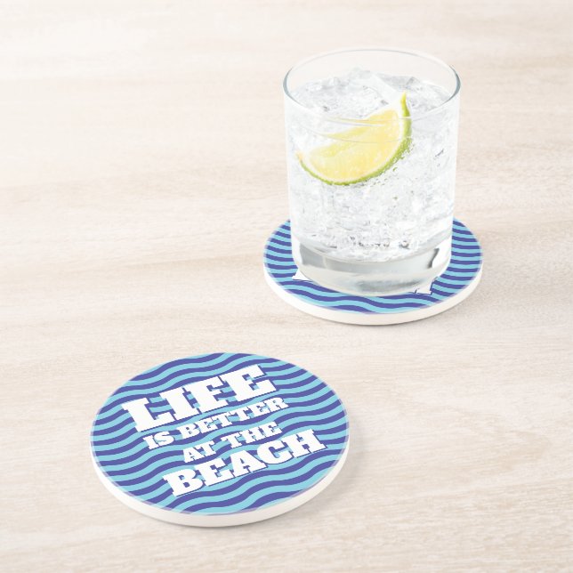 Dessous De Verre En Grès Lignes d'onde d'eau de mer d'océan bleu sur grès (Côté)