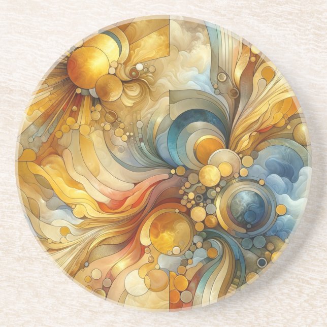 Dessous De Verre En Grès Lignes et cercles fluides Aquarelle Abstraite doré (Devant)