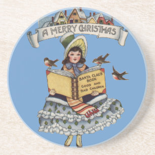 Dessous De Verre En Grès Livre vintage de petite fille et Père Noël de Noël