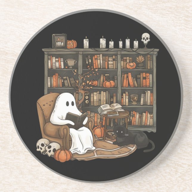 Dessous De Verre En Grès Livres de lecture de fantôme rétro, fantôme de bib (Devant)
