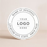 Dessous De Verre En Grès Logo d'entreprise personnalisé blanc arrondi<br><div class="desc">Un dessous de verre professionnel personnalisé pour votre entreprise présente votre logo encadré par le nom de l'entreprise avec l'emplacement et l'année établie. D'autres termes, comme un slogan ou un site Web, pourraient également être inclus. Il y a une option pour ajuster la courbe du texte rond et les couleurs...</div>